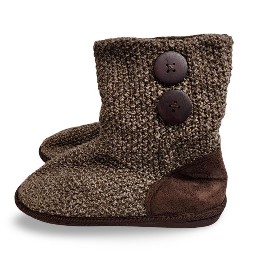 Tan/Brown Tweed Button Slipper Boots, Women's 9